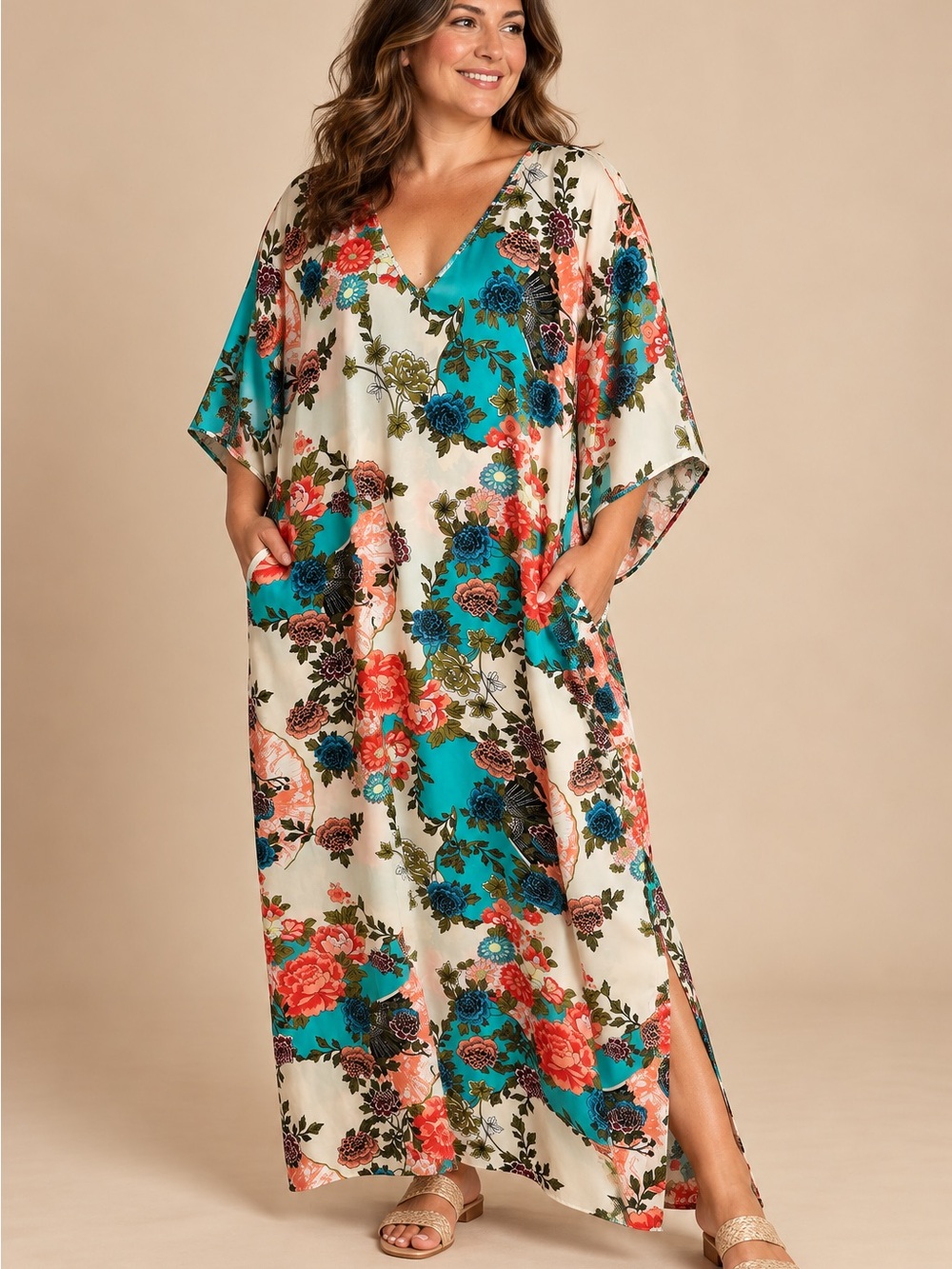 Natori Floral V-Neck Caftan in Cream, Teal & Coral